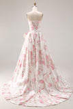 Vestido largo de graduación floral sin tirantes negro rosa con lazos