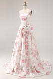 Vestido largo de graduación floral sin tirantes negro rosa con lazos