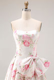Vestido largo de graduación floral sin tirantes negro rosa con lazos