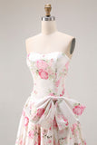 Vestido largo de graduación floral sin tirantes negro rosa con lazos
