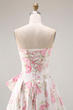 Vestido largo de graduación floral sin tirantes negro rosa con lazos