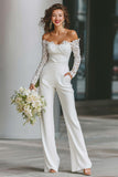 Monos de novia blancos con hombros descubiertos y bolsillos