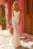 Vestido de novia con tirantes finos de sirena marfil con lazos