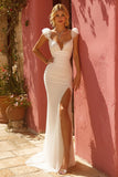 Vestido de novia con volantes de sirena marfil con abertura