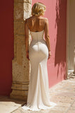 Vestido de novia largo fruncido con tirantes finos de sirena marfil con abertura