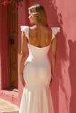 Vestido de novia largo fruncido con manga corta de sirena blanca y abertura