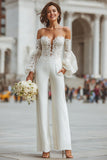 Monos de novia de manga larga con apliques blancos y bolsillos