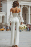 Monos de novia de manga larga con apliques blancos y bolsillos