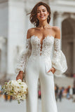 Monos de novia de manga larga con apliques blancos y bolsillos