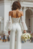 Monos de novia de manga larga con apliques blancos y bolsillos