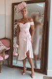 Vestido de Madre de la Novia con Hombros Descubiertos Fruncido en Rosa Caramelo con Abertura