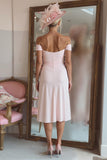 Vestido de Madre de la Novia con Hombros Descubiertos Fruncido en Rosa Caramelo con Abertura