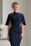 Vestido midi de la madre de la novia con cuentas de lápiz azul marino