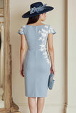 Vestido midi de la madre de la novia con apliques en azul polvoriento con mangas cortas