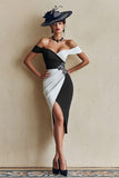 Vestido midi ajustado con hombros descubiertos en blanco y negro para madre de la novia con abertura