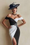 Vestido midi ajustado con hombros descubiertos en blanco y negro para madre de la novia con abertura