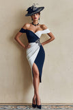 Vestido midi ajustado con hombros descubiertos en blanco y negro para madre de la novia con abertura