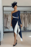 Vestido midi de la madre de la novia de un hombro ajustado en azul marino blanco con faja
