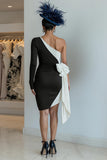 Vestido midi de la madre de la novia de un hombro ajustado negro con lazo