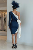 Vestido midi de la madre de la novia de un hombro ajustado negro con lazo
