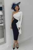 Vestido largo bodycon de un hombro en blanco y negro con fajín