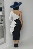 Vestido largo bodycon de un hombro en blanco y negro con fajín