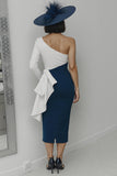 Vestido largo bodycon de un hombro en blanco y negro con fajín