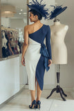 Vestido midi ajustado de un hombro azul marino blanco con fajín