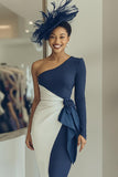 Vestido midi ajustado de un hombro azul marino blanco con fajín