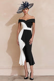 Vestido de sirena blanco y negro con hombros descubiertos de la madre de la novia