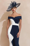 Vestido de sirena blanco y negro con hombros descubiertos de la madre de la novia