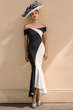 Vestido largo de la madre de la novia de la sirena de satén en blanco y negro con hombros descubiertos