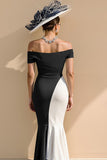 Vestido largo de la madre de la novia de la sirena de satén en blanco y negro con hombros descubiertos
