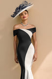 Vestido largo de la madre de la novia de la sirena de satén en blanco y negro con hombros descubiertos