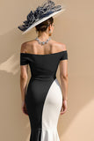 Vestido largo de la madre de la novia de la sirena de satén en blanco y negro con hombros descubiertos
