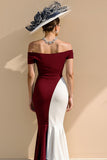 Vestido largo de la madre de la novia de la sirena de satén en blanco y negro con hombros descubiertos