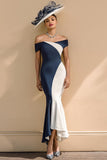 Vestido largo de la madre de la novia de la sirena de satén en blanco y negro con hombros descubiertos