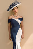 Vestido largo de la madre de la novia de la sirena de satén en blanco y negro con hombros descubiertos