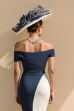 Vestido largo de la madre de la novia de la sirena de satén en blanco y negro con hombros descubiertos