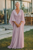 Vestido largo de la madre de la novia con cuello en V y cuello en V de gasa rosa polvoriento con mangas medias