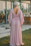 Vestido largo de la madre de la novia con cuello en V y cuello en V de gasa rosa polvoriento con mangas medias