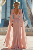 Vestido largo de la madre de la novia con cuello redondo y vaina rosa rubor