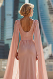 Vestido largo de la madre de la novia con cuello redondo y vaina rosa rubor