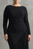 Vestido formal de sirena plisada de talla grande con crepé y gasa negra con volantes