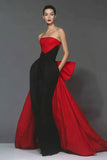 Vestido formal de sirena negro y rojo sin tirantes con lazo