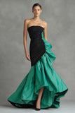 Vestido formal con volantes de sirena sin tirantes negro y verde