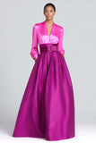 Vestido formal largo de satén fucsia y magenta con cuello en V y mangas