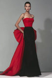 Vestido Formal Largo de Sirena Sin Tirantes Negro y Rojo con Lazo