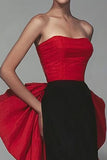 Vestido Formal Largo de Sirena Sin Tirantes Negro y Rojo con Lazo