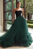 Vestido Formal Largo Sin Tirantes de Tul Negro y Verde